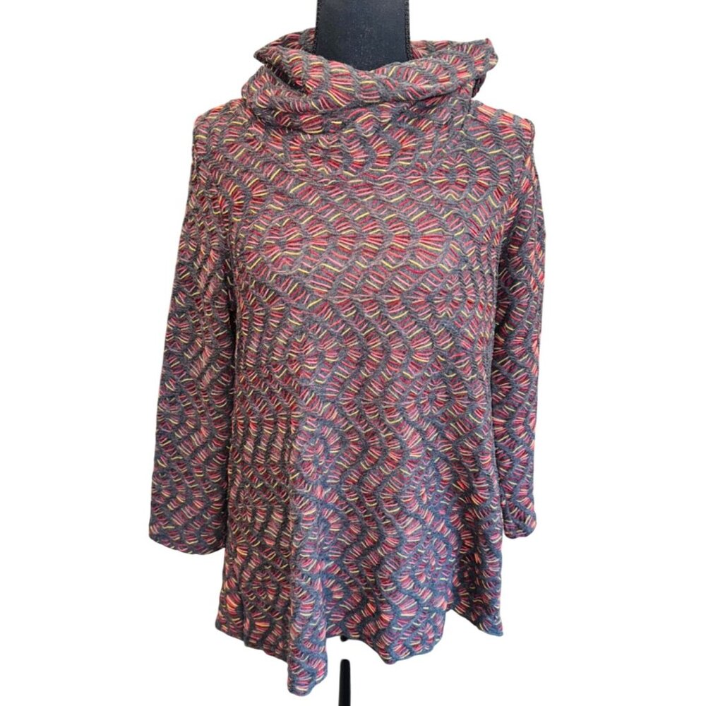 Ali Miles Multicolor Textured Knit Cowl Neck Jersey Sweater Tunic Top S Boho